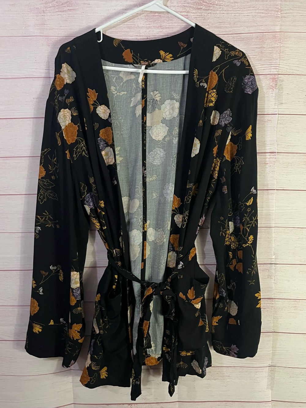 Free People Peony Black Floral Belted Wrap Kimono Jacket Large